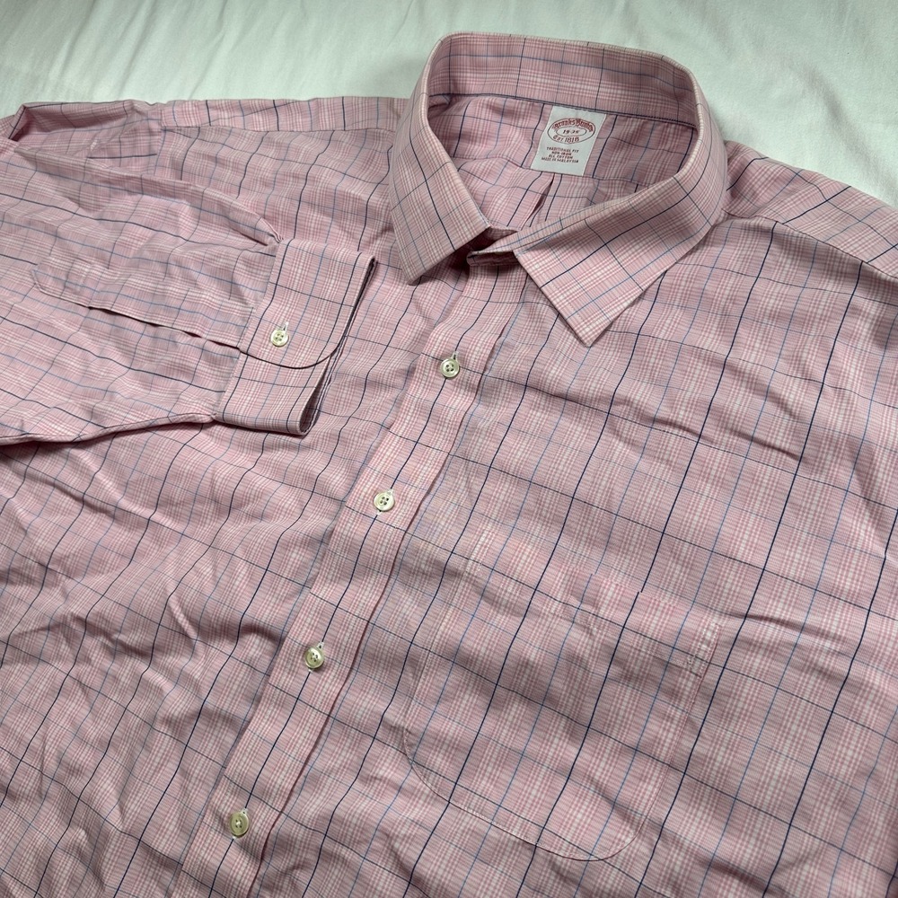 Brooks Brothers Shirt Mens 19-35 Pink Regent Glen Plaid Button Down Long‎ Sleeve